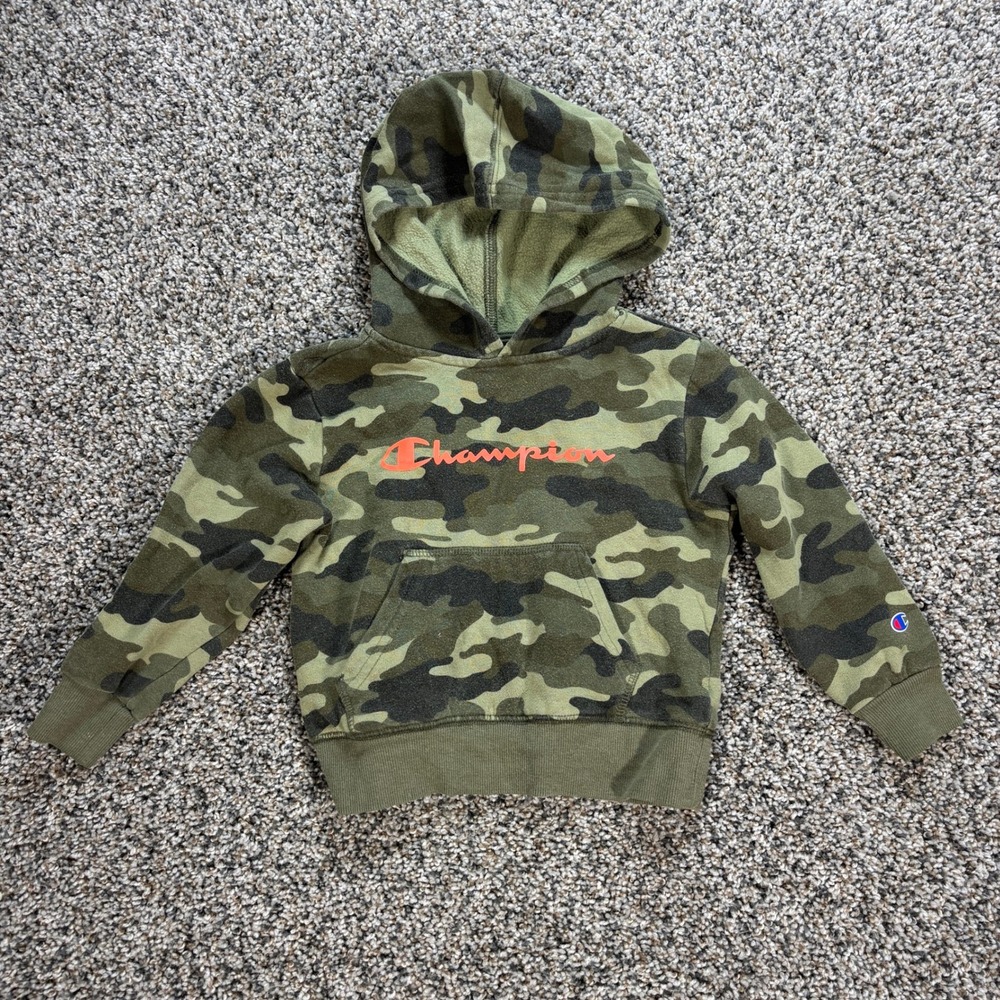 Champion Boys Size 4 Camo Pullover Hoodie Orange Script Logo Camouflage Fleece